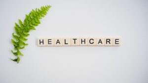 Healthcare word spelled with Scrabble tiles next to a green fern leaf on a white background. — Probiotics and Their Health Be