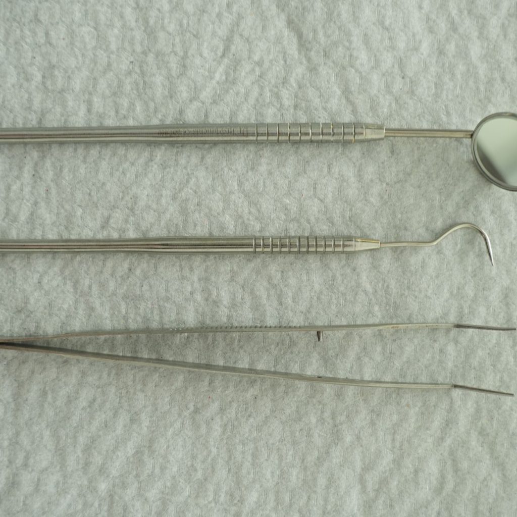 A set of dental instruments laid out on a white textured background, perfect for medical contexts. — Reviews about dentists i
